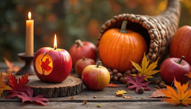 Mabon harvest celebration setup with glowing apple candle, pumpkins, and cornucopia. Autumnal leaves adorn wooden table. Festive fall bounty display with warm light.