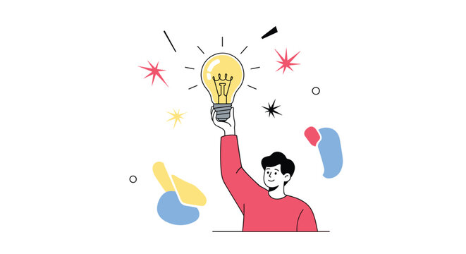 Man raising a glowing lightbulb high above his head to represent a brilliant new idea or creative breakthrough moment.