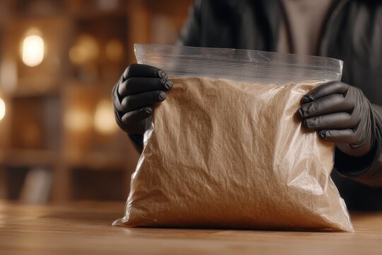 A suspicious package containing unknown powdery substance being handled carefully in black gloves, potentially related to illicit activities or hazardous materials.