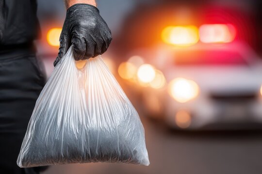 A person in black gloves holds a plastic bag with content near the police car in the blurred background, highlighting a potential crime scene and investigation process.