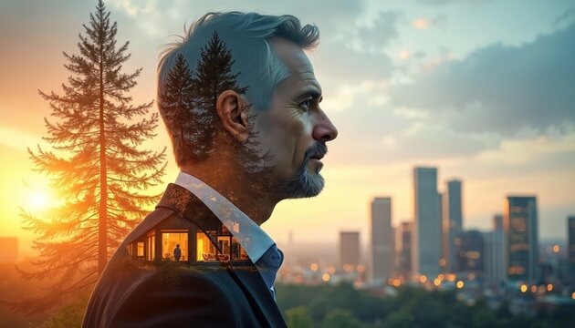 Man contemplates future wealth and property. Double exposure shows trees and modern house, cityscape background. Planning for inheritance security and generational asset transfer.