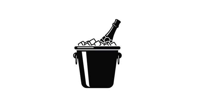 Simple black and white graphic icon of a champagne bottle cooling in a bucket filled with ice cubes for a celebration.