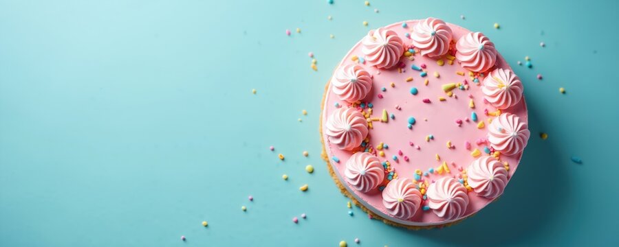 Pink frosted round cake with swirls of cream and colorful sprinkles sits on a bright blue background. Ideal for celebrations holidays or birthdays with copy space.