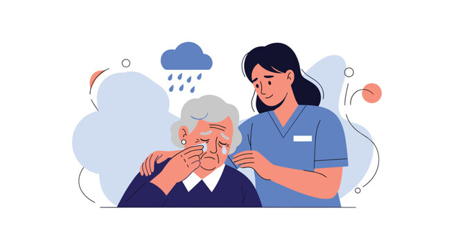 Compassionate young nurse in blue scrubs comforting a crying elderly woman with a caring hand on her shoulder.