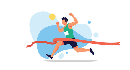 Fototapeta premium Determined male runner successfully crossing the red finish line tape with arms raised in victory during a race.