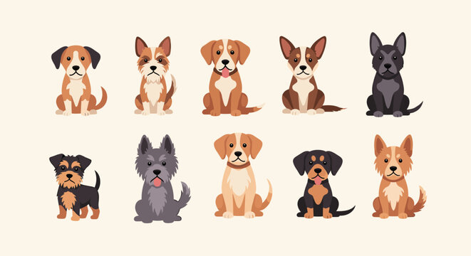 Large collection of diverse dog breeds including terriers, retrievers, and spaniels shown in a friendly sitting position.