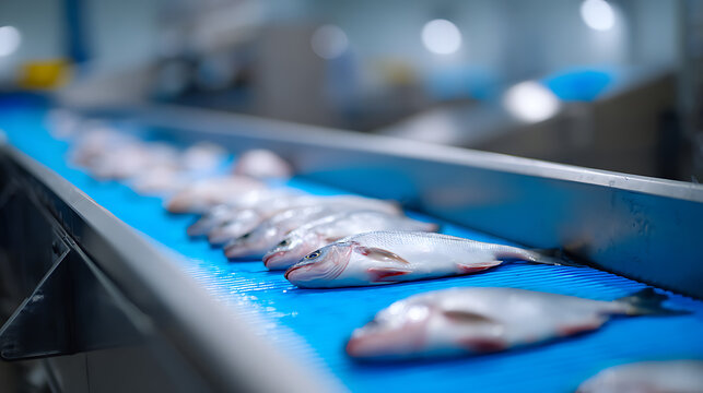 Fresh whole fish move along a vibrant blue conveyor belt in a modern, clean food processing facility, ready for packaging or further preparation