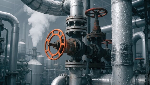 Closeup medium shot of control valves and pipes within a sulfuric acid production facility showcasing intricate mechanical details.