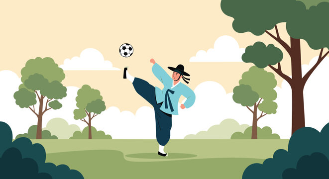 Man in traditional Korean attire performing a high kick to strike a soccer ball in a peaceful forest park during a sunny day.