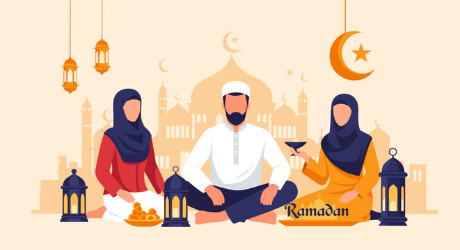 A warm and inviting illustration featuring a traditional lantern and a distant city skyline. Perfect for themes of Ramadan, cultural events, or travel