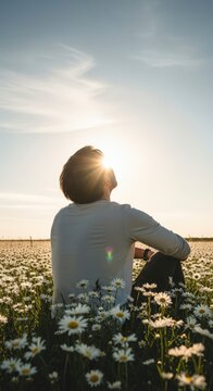 Man sitting in a field flowers.