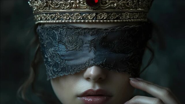 Female with opaque blindfold, dark attire, and regal headpiece, evoking intrigue and mystery.