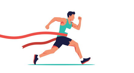 Obraz premium Focused male athlete in a running pose is seen sprinting through a red finish line ribbon during a track and field competition.