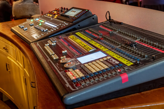 Barcelona, Spain-March 21, 2026. Audio production soundboard with fader controls and mixing console