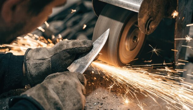 Closeup of a craftsman performing coarse grinding on a knife edge using a grinding belt sparks flying as the blade geometry begins to take shape.