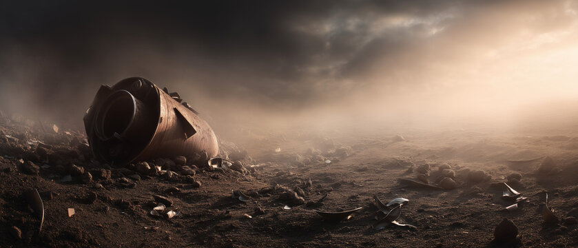 Abandoned industrial pipe lying in a desolate landscape under cloudy sky  