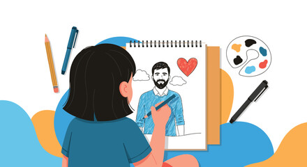 Fototapeta premium Young girl is seen from behind drawing a portrait of a smiling man with a beard in her sketchbook using a blue pencil.