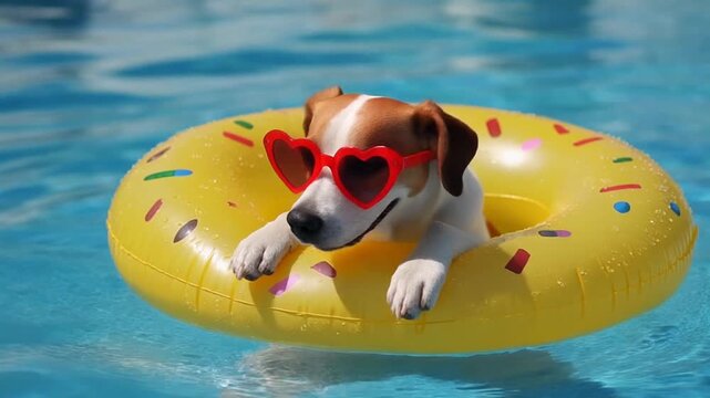 Dog in heart shaped sunglasses in a floating ring on the water, mp4 video. AI
