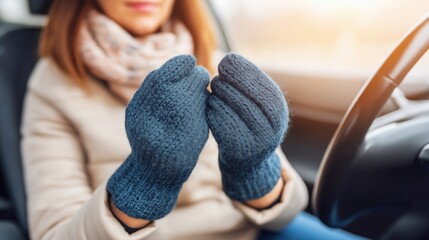 Obraz premium Person turns on car seat heater while wearing blue gloves