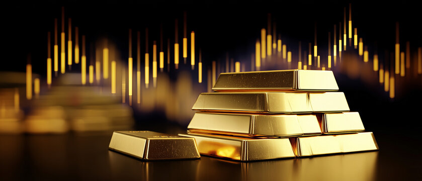 Stacked gold bars on reflective surface with stock market chart background  