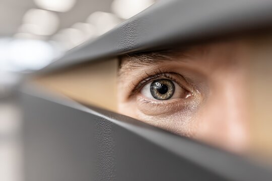 A close up portrait of a human eye looking through window blinds, spying or peeking with curiosity, a natural hazel eye with detailed eyelashes and skin texture.
