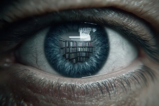 The Eye of Knowledge: A close-up of a human eye reflecting a library, representing the pursuit of wisdom, learning, and the human desire to acquire knowledge.