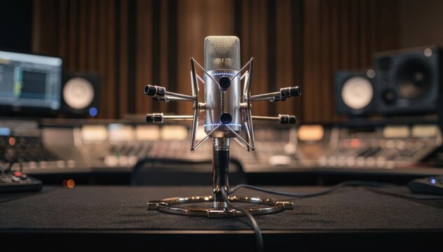 Medium shot of a binaural radio booth featuring sleek mic arrays capturing 3D audio with blurred studio equipment creating an immersive storytelling atmosphere.
