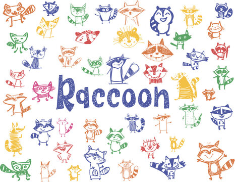 Big collection of vector raccoon icons, cute procyon characters in kids drawing doodle style bundle