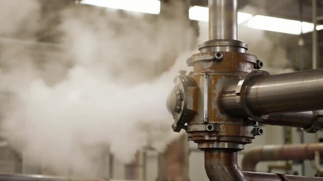 Industrial rusty metal steam pipe and valve in factory machinery showing mechanical parts, pipe joints, steam emission, and metal texture close up in industrial plant environment