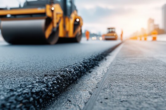 Close-up of freshly laid asphalt being compacted by a heavy roller on a construction site, highlighting road maintenance and infrastructure improvement with sunlight flare.
