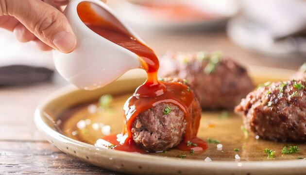 Drizzling Red Pepper Sauce over Mini Alb&oacute;ndigas