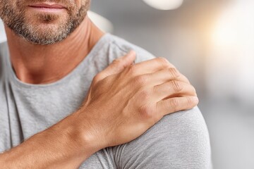 Fototapeta premium Close-up of a middle-aged man experiencing shoulder pain, with his hand resting on the affected area, wearing a grey t-shirt, indoors with soft lighting.