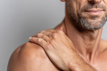 Fototapeta premium Close-up shot of a mature man with a worried expression massaging his shoulder, illustrating shoulder pain and discomfort due to stress or injury, on gray background.