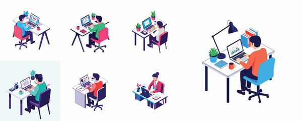 Fototapeta premium Vector scene set of a person using a laptop at a workspace desk, isometric vector illustration, flat design, vibrant colors, clean white background