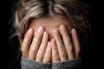 Fototapeta premium An emotive close-up portrait of a woman with her face hidden, hands shielding her eyes, conveying feelings of sadness and despair, on dark background.