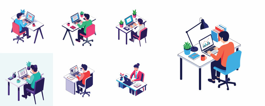 Vector scene set of a person using a laptop at a workspace desk, isometric vector illustration, flat design, vibrant colors, clean white background