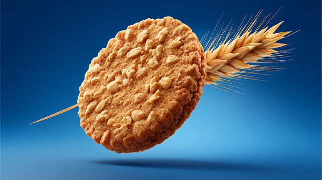 Healthy whole grain cookie or biscuit made with natural ingredients with wheat stalk, perfect for breakfast or snack, on a vibrant blue background