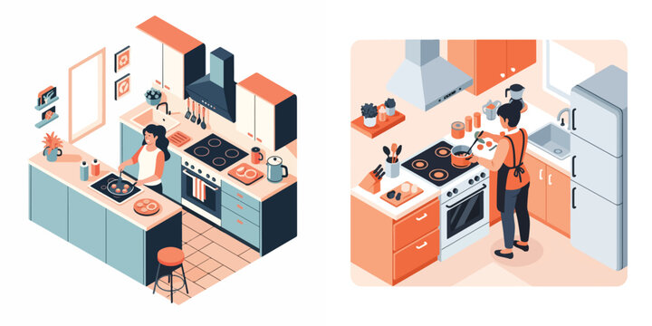Vector illustration set of a person preparing food in a contemporary kitchen, isometric vector art, clean lines, soft lighting, pastel tones.