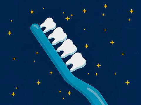 Toothbrush  bristleswith clean white teeth illustration representing oral hygiene, dental care and healthy smile concept on blue background 