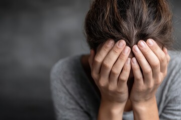 Fototapeta premium A woman covering her face with her hands, showcasing feelings of despair and sadness. She is dealing with anxiety, depression, and mental health struggles.
