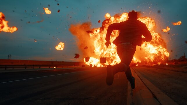Brave man running towards huge fiery explosion on highway at dusk