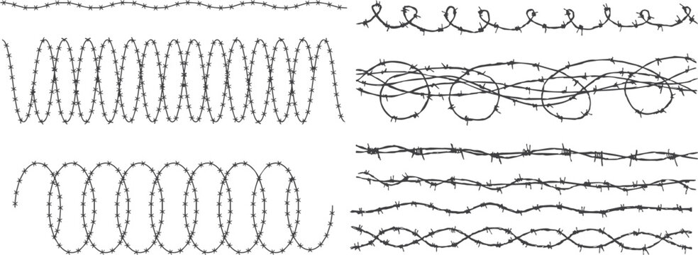 Black barbed wire brush set, decorative borders and frames with wavy razor wire, war and security fence elements, scalable vector illustration