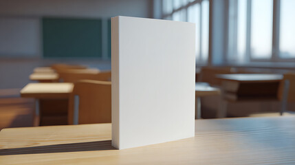 Fototapeta premium Blank white book or display standing on a wooden desk in an empty, bright classroom, perfect for educational design mockups