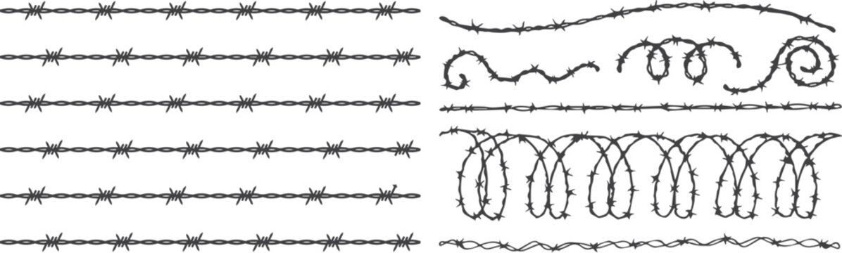 Barbed wire design set, brush templates and decorative frames with straight, wavy and coiled razor wire, security fence elements vector illustration