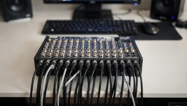 Image centered on a patchbay interface in a desk setup emphasizing the clean layout of jacks and cables the desk and accessories softly blurred.