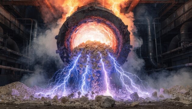 Close medium shot of a glowing discharge rotary kiln with vibrant plasma arcs enhancing the calcination process of alumina hydrate into smeltergrade alumina in an advanced smelting