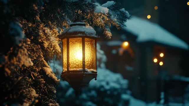 The serene garden at night with a lit lantern hanging from a tree and snow blanketing the ground.
