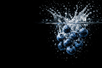 Obraz premium Blueberries splashing in water with droplets on black background, dynamic fresh fruit concept with high contrast and motion effect.
