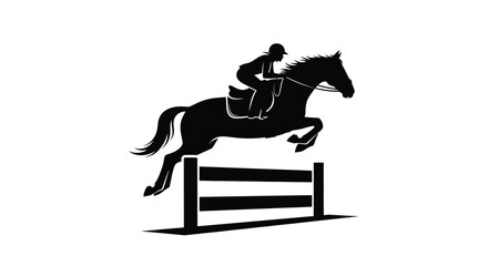 Horse and rider jumping a fence in striking black silhouette © MSTSALINA