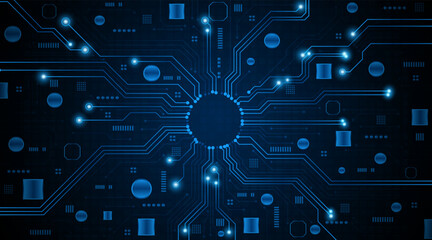 Obraz premium Technology circuit board background. Concept of an electronic motherboard or artificial intelligence engineering on a dark blue background.